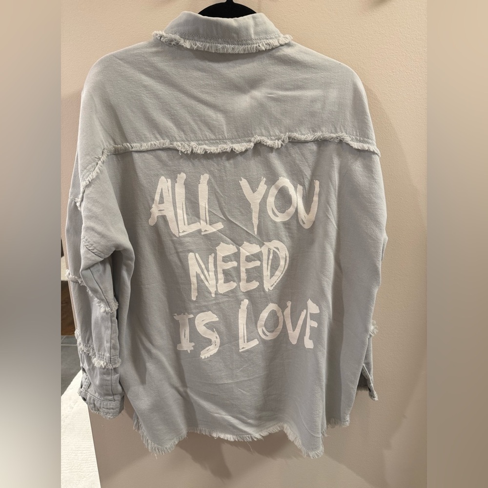 Gray Frayed Shirt/Jacket with 'All You Need Is Love' Print